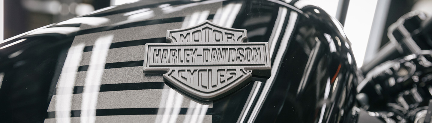 ハーレーダビッドソンのロゴが入ったモーターサイクルのタンク。 